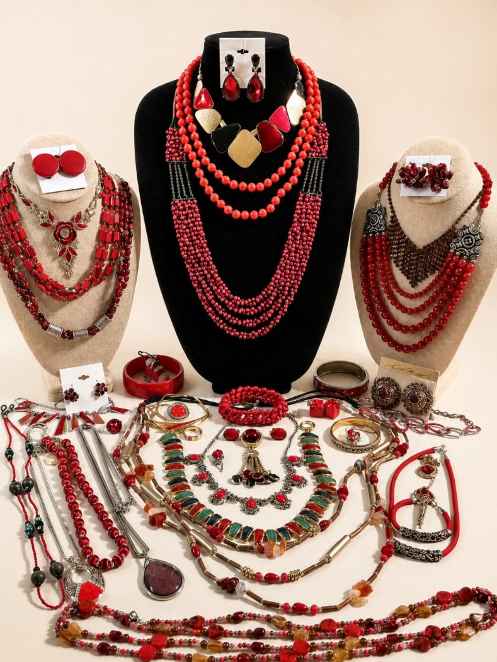 💎Vintage Red Statement Jewelry Lot Bold Retro Necklaces,Beaded Sets, Rhinestone